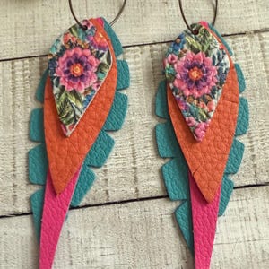 Leather earrings, layered leather earrings, hoop leather earrings, colorful earrings, colorful leather earrings, women&#39;s earrings, earrings