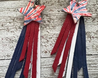Leather earrings, tassel earrings, 4th of July, patriotic earrings, red white and blue, tassel leather earrings, star earrings