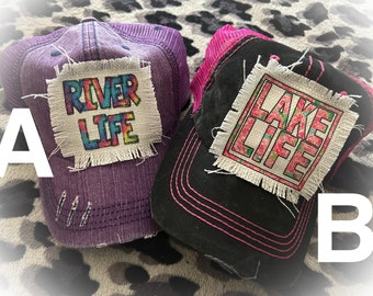 River Life, Lake Life, trucker caps, Women’s caps, Women’s hats, low profile caps, distressed caps, baseball and trucker caps, Vacation caps