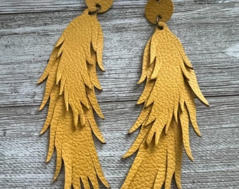 Fringe leather earrings, leather earrings, yellow leather earrings, colorful leather earrings, earrings