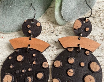 Leather earrings, wood findings, cork earrings, round leather earrings, earrings