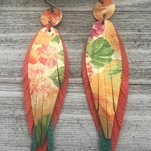 Leather earrings, colorful leather earrings, tropical vibe earrings, fringe leather earrings, tassel leather earrings, earrings