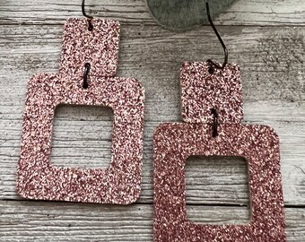 Glitter earrings, leather earrings, holiday jewelry, square leather earrings, New Year’s Eve jewelry, mauve/pink glitter