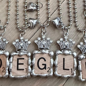 Soldered scrabble crown charm pendant necklaces, stainless steel ball chain initial necklaces