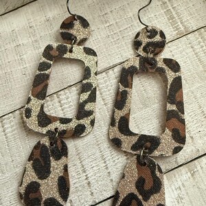 Leather earrings, leopard print leather earrings, sparkly earrings, dangle earrings, geometric shape leather earrings, earrings