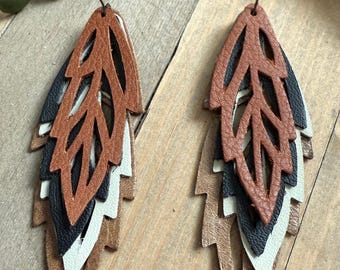 Leather leaf earrings, layered leather earrings, women's jewelry