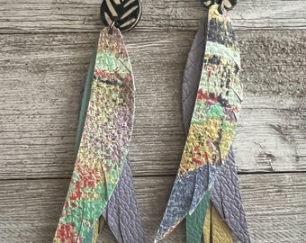 Leather earrings, long leather earrings, statement earrings, colorful leather earrings, fringe leather earrings, layered leather earrings