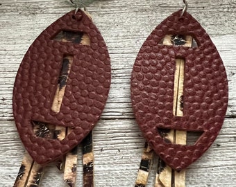 Leather football earrings, football mom earrings, tassel earrings, leopard print tassel earrings, football earrings