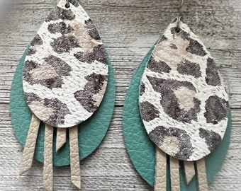 Leather earrings, tassel earrings, leopard print, layered leather earrings, boho chic jewelry