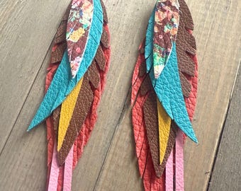 Colorful long boho layered leather earrings, women's jewelry