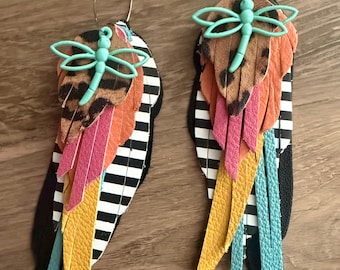 Colorful Whimsical long layered charmed leather hoop earrings, Women's jewelry