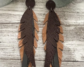 Long leather earrings, fringe leather earrings, layered leather earrings, boho jewelry, leather earrings, western style earrings