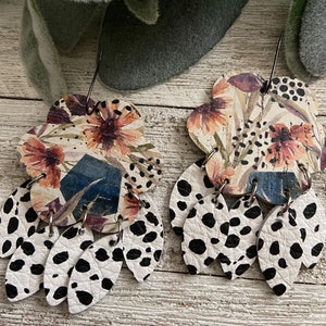 Leather earrings, cork earrings, animal print, floral leather earrings, dangle leather earrings