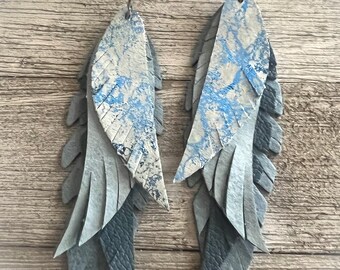 Leather earrings, long leather earrings, statement earrings, boho earrings, blue leather earrings, layered leather earrings, earrings