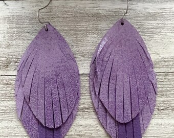 Leather earrings, purple leather earrings, leather teardrop earrings, fringe leather earrings, tassel earrings, earrings