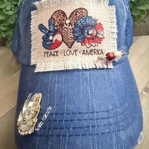 Women's bling Peace Love America blue trucker cap, trendy trucker patch hats