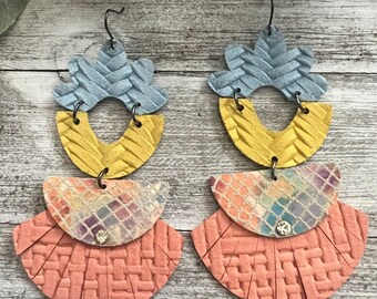 Leather earrings, colorful leather earrings, pastel colored leather earrings, geometric shape earrings, fishtail leather earrings, earrings