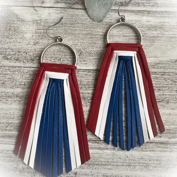 Fringe Leather earrings, patriotic leather earrings, statement earrings, long leather earrings, leather earrings