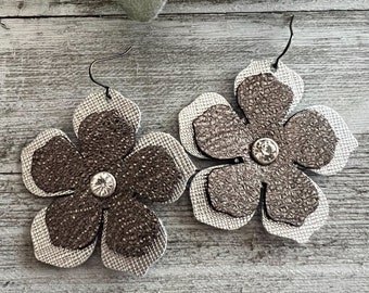 Leather earrings, metallic leather earrings, rhinestone leather earrings, flower leather earrings, big earrings