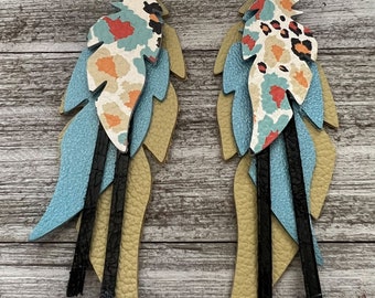 Leather earrings, tassel leather earrings, layered leather earrings, leopard print leather earrings, pastel leather earrings, earrings