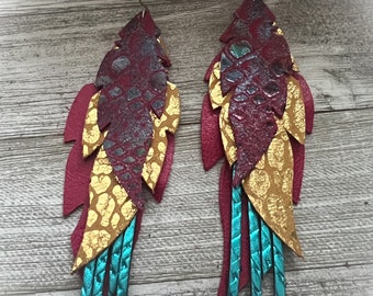 Leather earrings, long leather earrings, tassel earrings, layered leather earrings, boho earrings