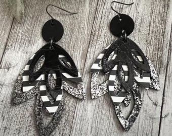 Leather earrings, mini leather earrings, geometric shape leather earrings, layered leather earrings, earrings