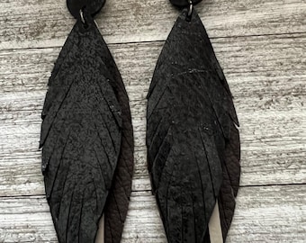 Black, brown and beige long layered fringe leather earrings, women's jewelry