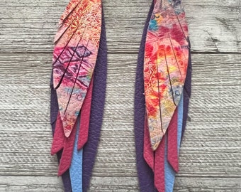 Colorful tie die layered fringe leather earrings, women's Boho Vibe jewelry