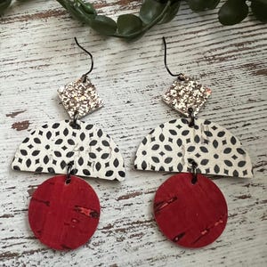 Leather earrings, geometric shaped leather earrings, cork earrings, glitter earrings, dangle earrings, colorful earrings, earrings