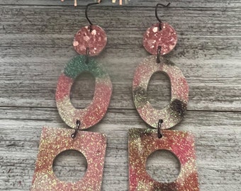 Dangle leather earrings, glitter earrings, geometric shape earrings, cork earrings, holiday jewelry, festive jewelry, earrings