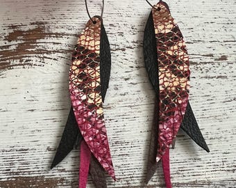 Colorful long layered leather earrings, women's jewelry