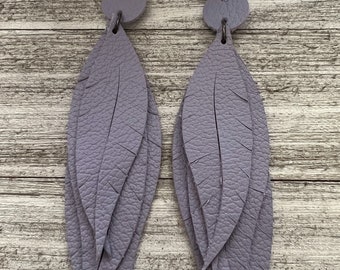 Leather earrings, fringe leather earrings, layered leather earrings, pastel lavender leather earrings, dangle leather earrings, earrings