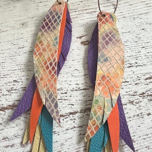 Leather earrings, leather hoop earrings, long leather earrings, layered leather earrings, colorful leather earrings, earrings, boho earrings