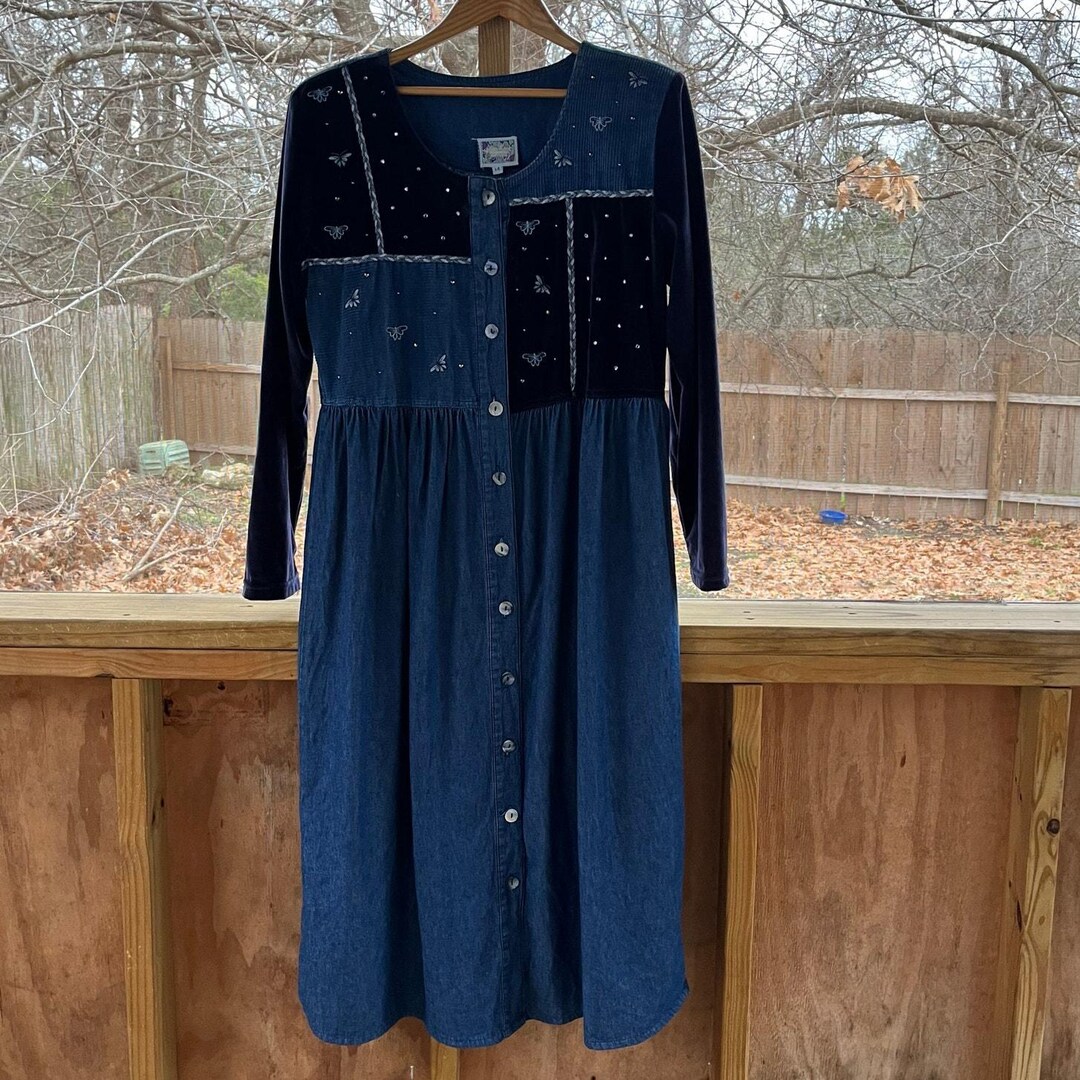 Monique Fashions Vintage Denim & Velvet Butterfly Maxi Dress Size 14 - Etsy