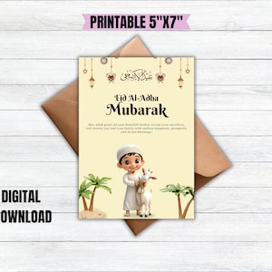 Cartão de felicitações de Eid al-Adha para Mubarak | Cartão de feriado islâmico | Imprimível para o festival muçulmano | Cartão-presente de Eid para crianças e família | Arte fofa de cabra