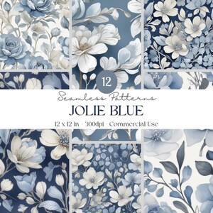 Blue Floral Seamless Patterns, Digital Paper, Elegant Watercolor Toile Repeating Floral Patterns For Crafting, Invitations, Commercial Use