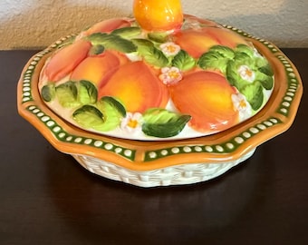 Temp-tations Figural Fruit Covered Dish | Peach Basket Ceramic Bowl | 6.5” Lidded Dish by Tara