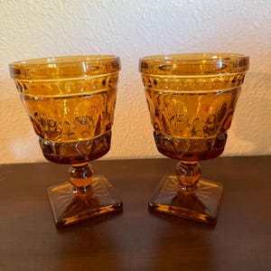 Pair of Vintage Amber Glass Goblets | Pressed Glass | Square Base | Retro Boho Barware | 1960s-70s