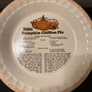 Vintage 1981 Watkins Pumpkin Chiffon Pie Recipe Pie Plate