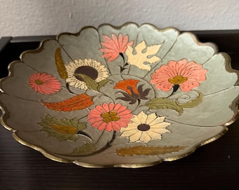 Vintage Hand-Painted Brass Bowl – Floral Enamel Scalloped Edge – Decorative Boho Home Décor