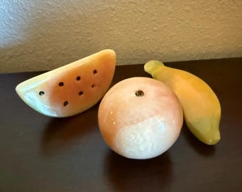 Vintage Carved Alabaster Fruit Set | Watermelon, Banana & Apple | Mid-Century Italian Style Stone Fruit