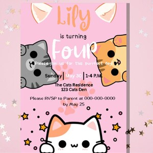 Convite de aniversário de gato, convite para festa, modelo para impressão no Canva, convite para meninas, convite editável e para impressão