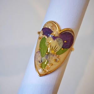 Real Pressed Pansy Flower Ring: 18K Gold Plated Botanical Resin Ring