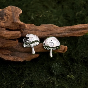 White Gold Mushroom Earrings. Fun Nature Jewelry. 18k Thick Gold Plated Creative Garden Stud Earrings Cute Fungi Gift for Mushroom Lovers