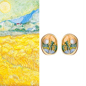 Van Gogh Inspired Stud Earrings. Hand-Painted Art Earrings with Freshwater Pearls. Art-Inspired Gifts for art lovers. Van Gogh Jewelry