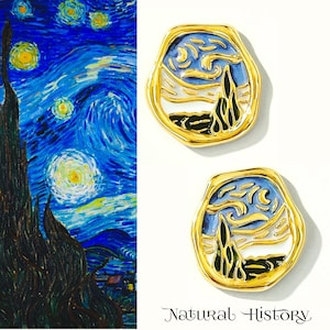 Van Gogh Starry Night Earrings. Hand‑Painted Enamel Famous Art Earring. Art Lover Gift. Van Gogh Jewelry. THICK 18K Gold Plated Earrings