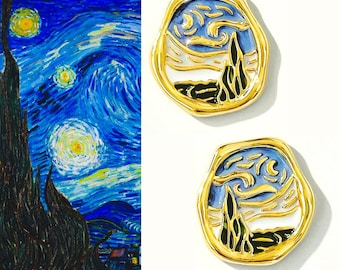 Van Gogh Sternennacht Ohrringe. Handbemalte berühmte Kunst Emaille Ohrringe. Geschenk für Kunstliebhaber. Van Gogh Schmuck. DICKE 18K Vergoldete Ohrringe