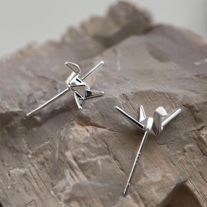 Origami Crane Earrings. Japanese Paper Bird Studs. 18K White Gold Plated Minimalist Art-Inspired Earrings. Unique Gift for Creative Women
