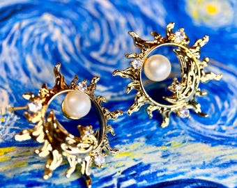 Van Gogh Sternennacht Ohrringe. Gold Stern Mond Sonne Perle Ohrringe. Echtes DICKES 18K Gold überzogen. Tragbare Kunst Geburtstagsgeschenk für Kunstliebhaber