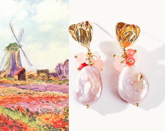 Lila Barock Perlen Ohrringe. Gold Tulpe Tropfen Ohrringe. Flieder Barock Perle Ohrhänger. 18K Vergoldete Blumen Perle Statement Ohrring